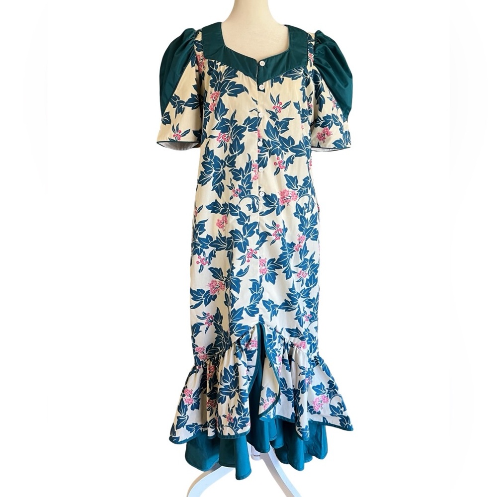 VTG MALIHINI Hawaiian Ruffle-Hem MuuMuu Maxi Dress Floral Fish Aloha Islands SzM